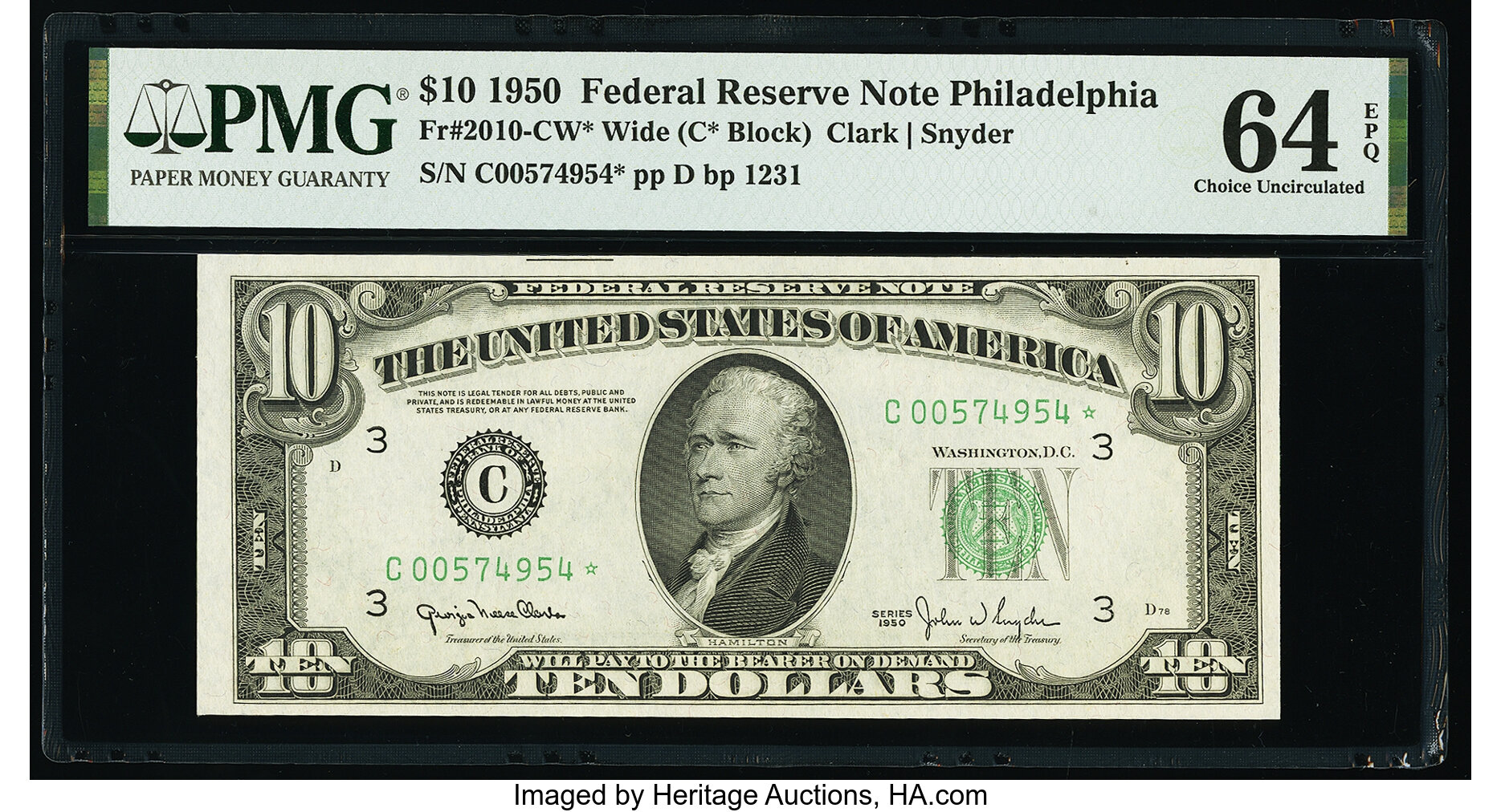 image for: Fr. 2010-C* $10 1950 Wide Federal Reserve Star Note. PMG Choice Uncirculated 64 EPQ....