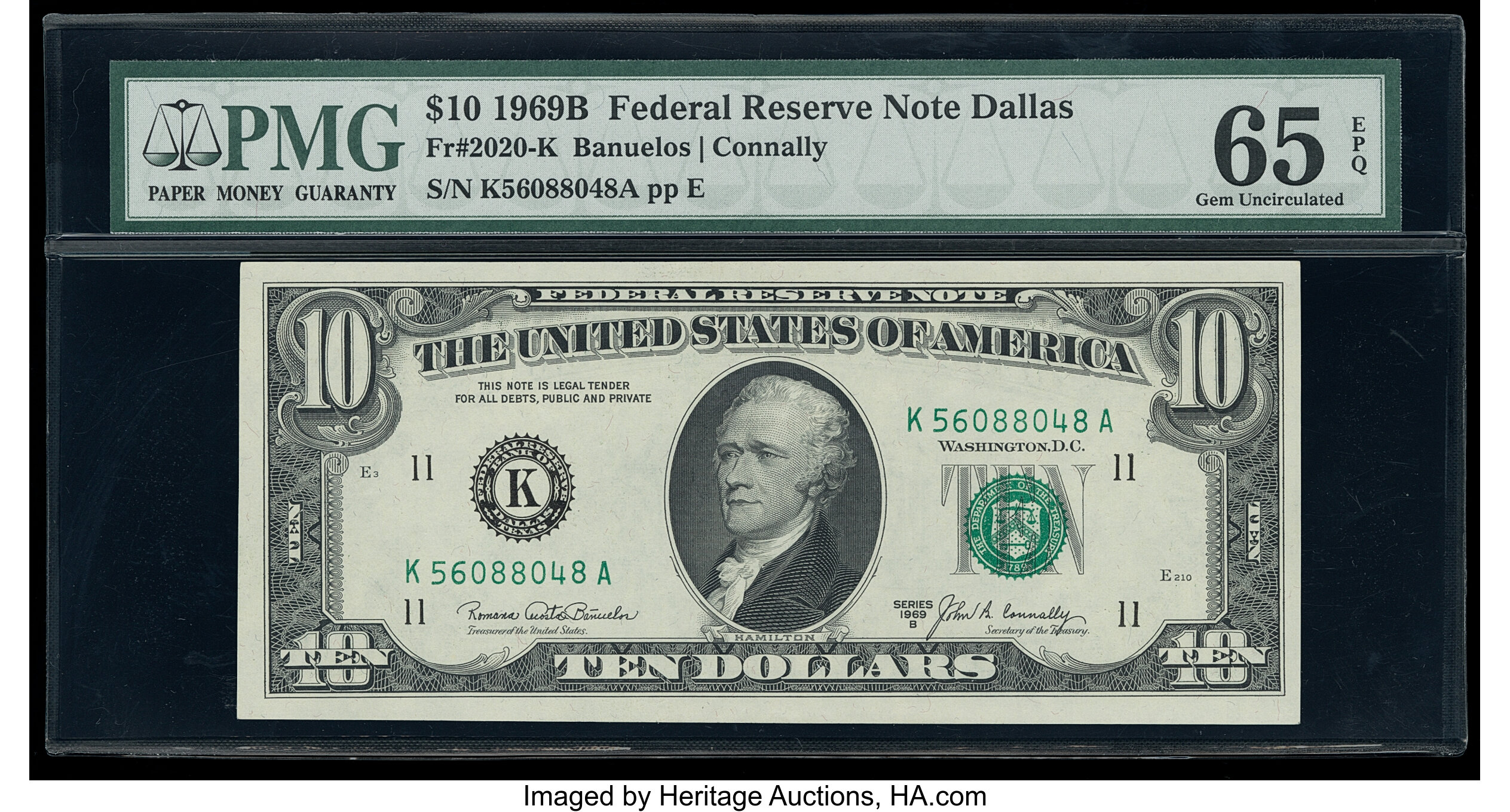 image for: Fr. 2020-K $10 1969B Federal Reserve Note. PMG Gem Uncirculated 65 EPQ....