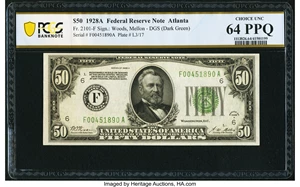 image for: Fr. 2101-F $50 1928A Federal Reserve Note. PCGS Banknote Choice Unc 64 PPQ....