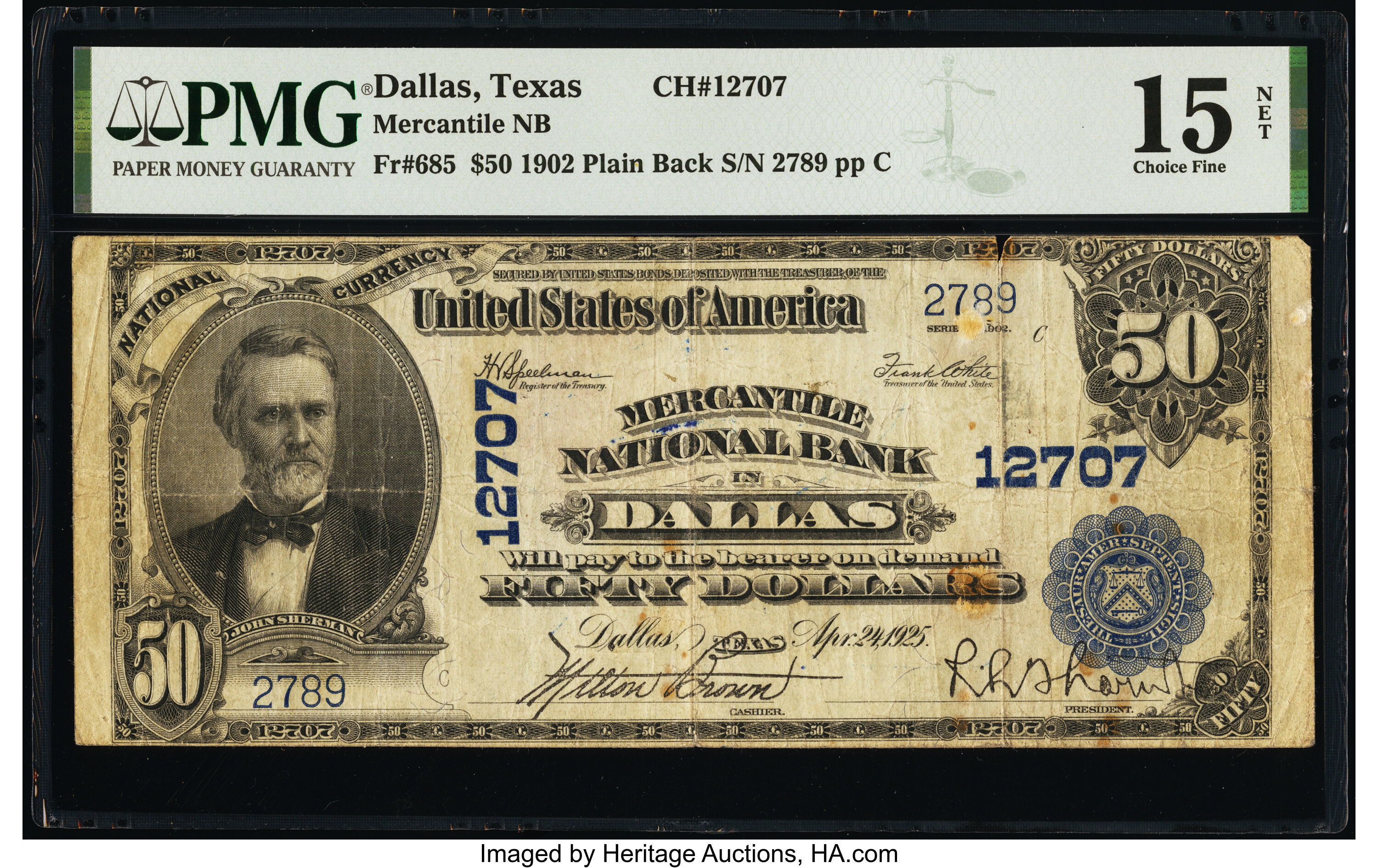 image for: Dallas, TX - $50 1902 Plain Back Fr. 685 The Mercantile National Bank Ch. # 12707 PMG Choice Fine 15 Net....