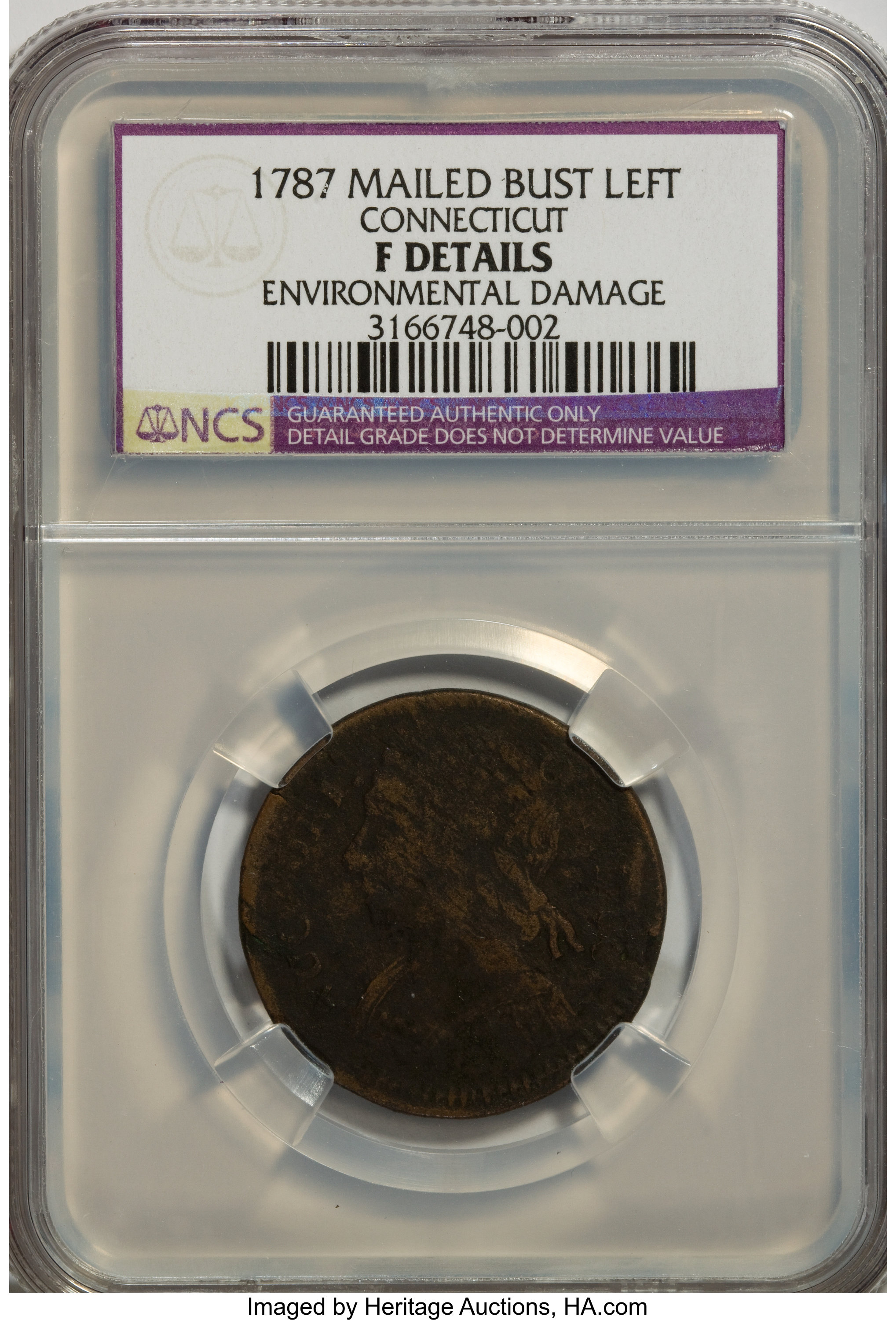 image for: 1787 Over 1887 COPPER Connecticut Copper, Draped Bust Left--Environmental Damage--NCS. Fine Details. M. 12-Q, W-2885, R.3. ...