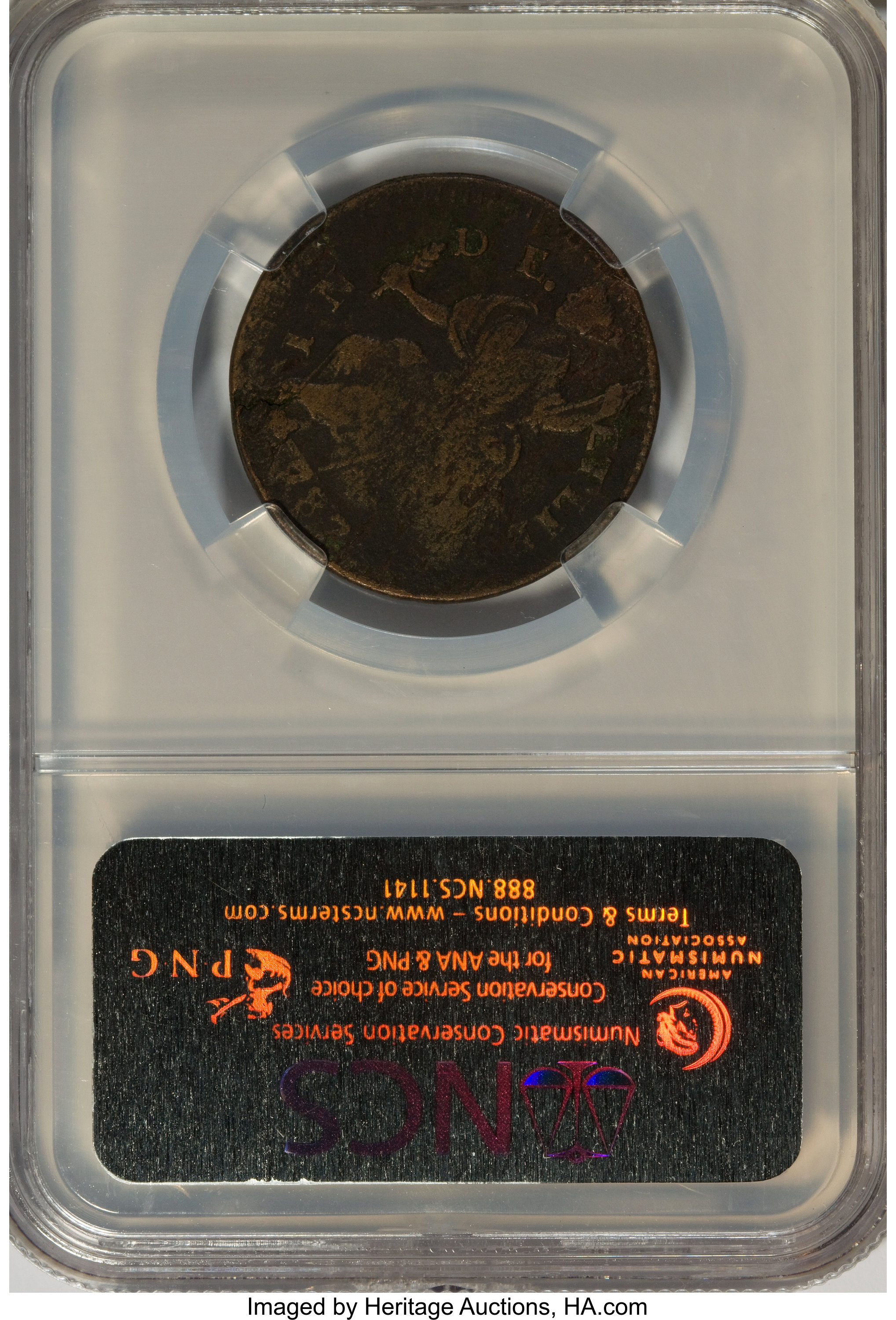 image for: 1787 Over 1887 COPPER Connecticut Copper, Draped Bust Left--Environmental Damage--NCS. Fine Details. M. 12-Q, W-2885, R.3. ...