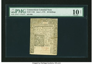 image for: Connecticut June 1, 1775 20s Uncancelled PMG Very Good 10 Net....