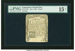 image for: Connecticut July 1, 1780 9d Cut Cancel PMG Choice Fine 15 Net....