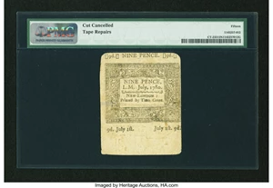 image for: Connecticut July 1, 1780 9d Cut Cancel PMG Choice Fine 15 Net....