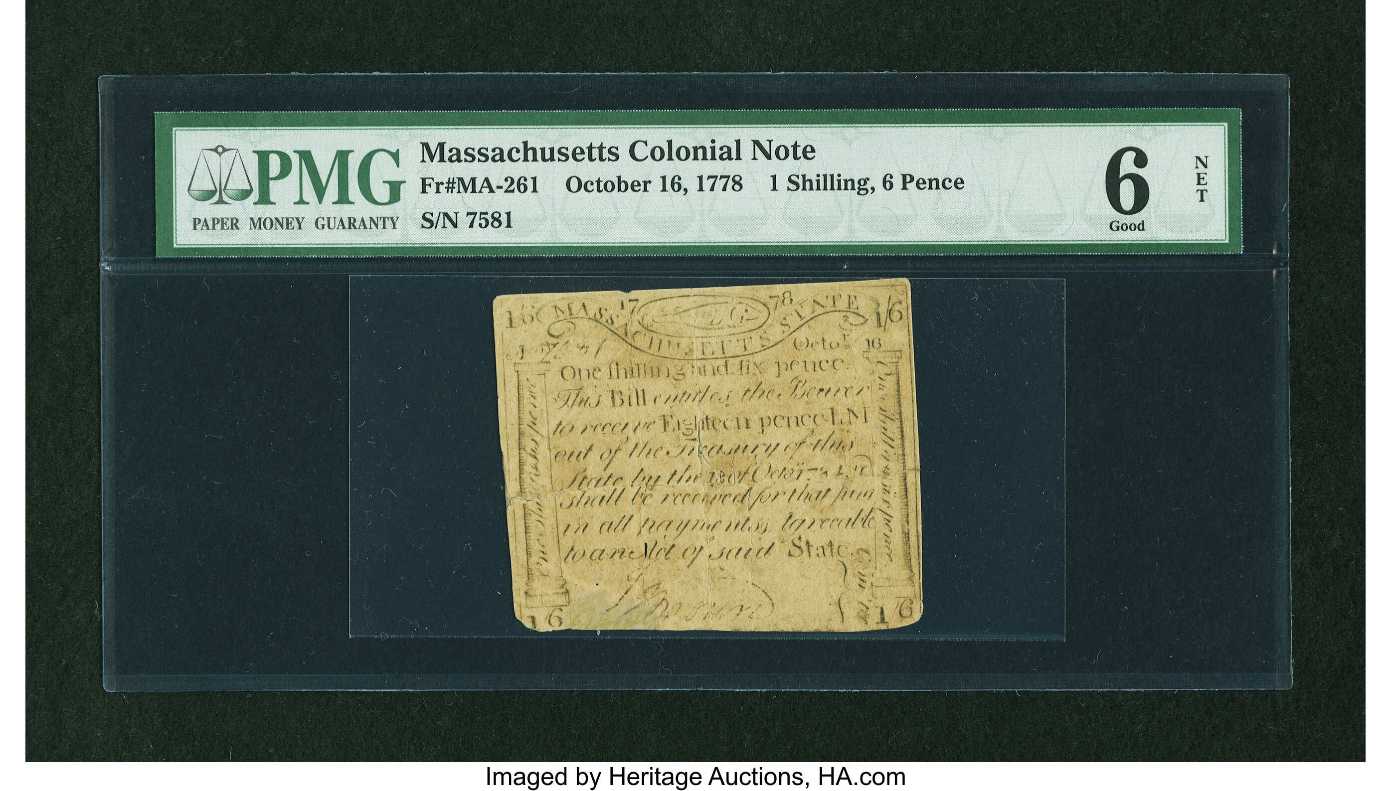 image for: Paul Revere Printed Massachusetts October 16, 1778 1s/6d PMG Good 6 Net....