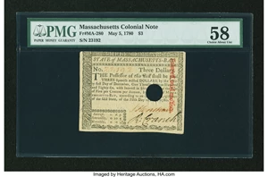 image for: Massachusetts May 5, 1780 $3 Hole Cancel PMG Choice About Unc 58....