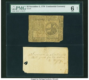 image for: Continental Currency November 2, 1776 $2 with Attached and Signed Card PMG Good 6 Net....