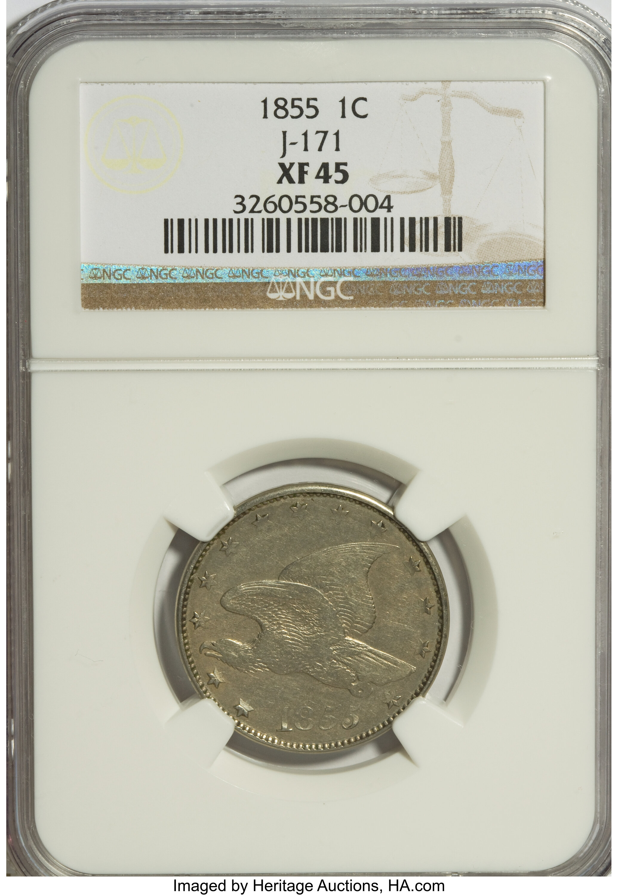 image for: 1855 E1C Flying Eagle Cent, Judd-171, Pollock-196, Low R.7, XF45 NGC....