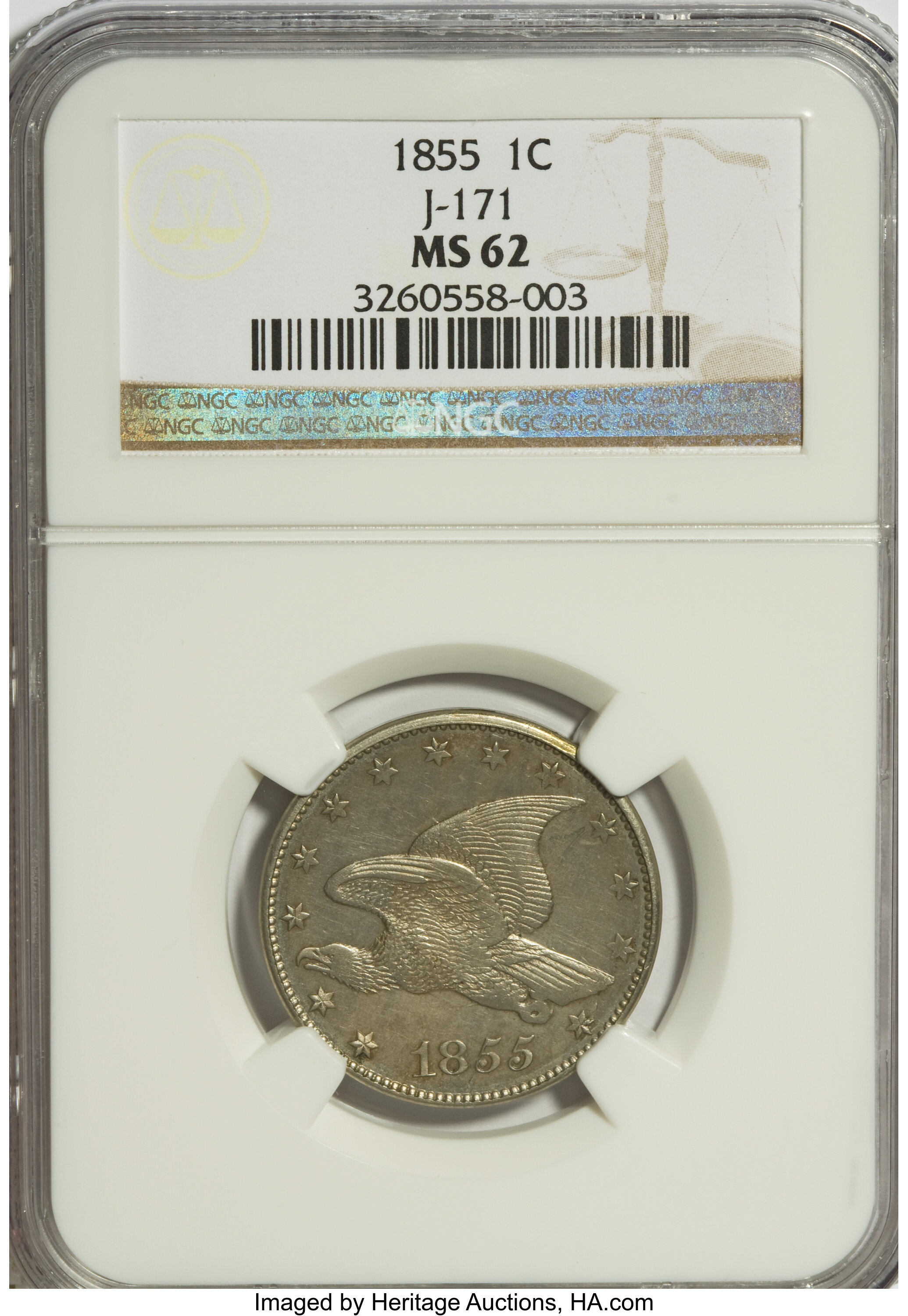 image for: 1855 E1C Flying Eagle Cent, Judd-171, Pollock-196, Low R.7, MS62 NGC....