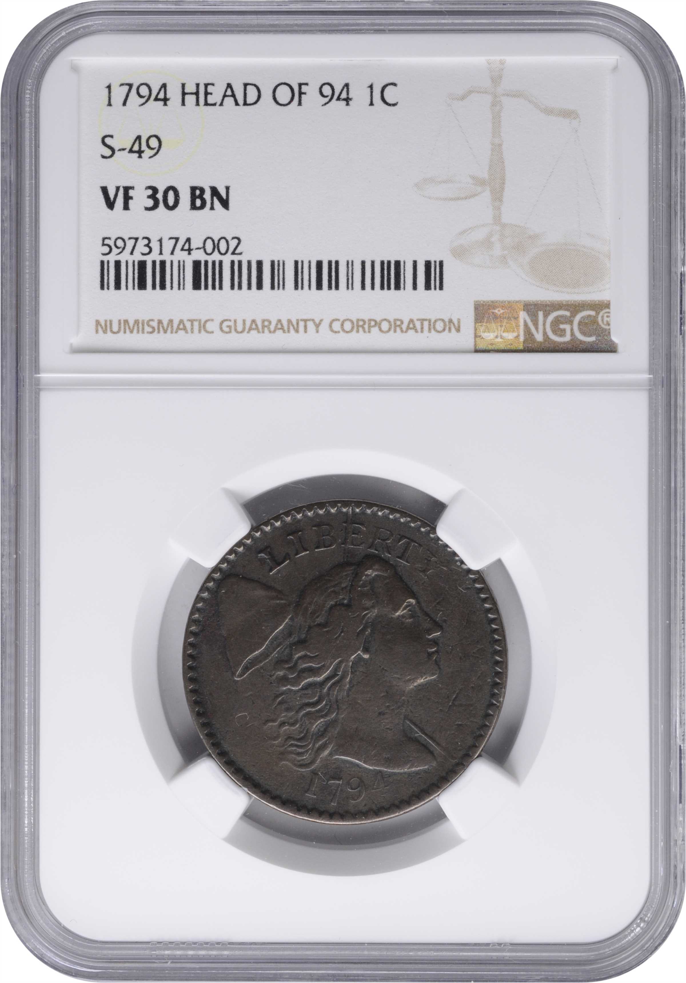 image for: 1794 Liberty Cap Cent. S-49. Rarity-2. Head of 1794. VF-30 BN (NGC).