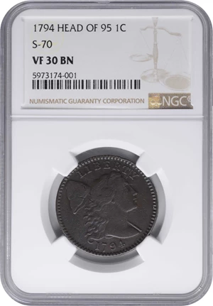 image for: 1794 Liberty Cap Cent. S-70. Rarity-2. Head of 1795. VF-30 BN (NGC).