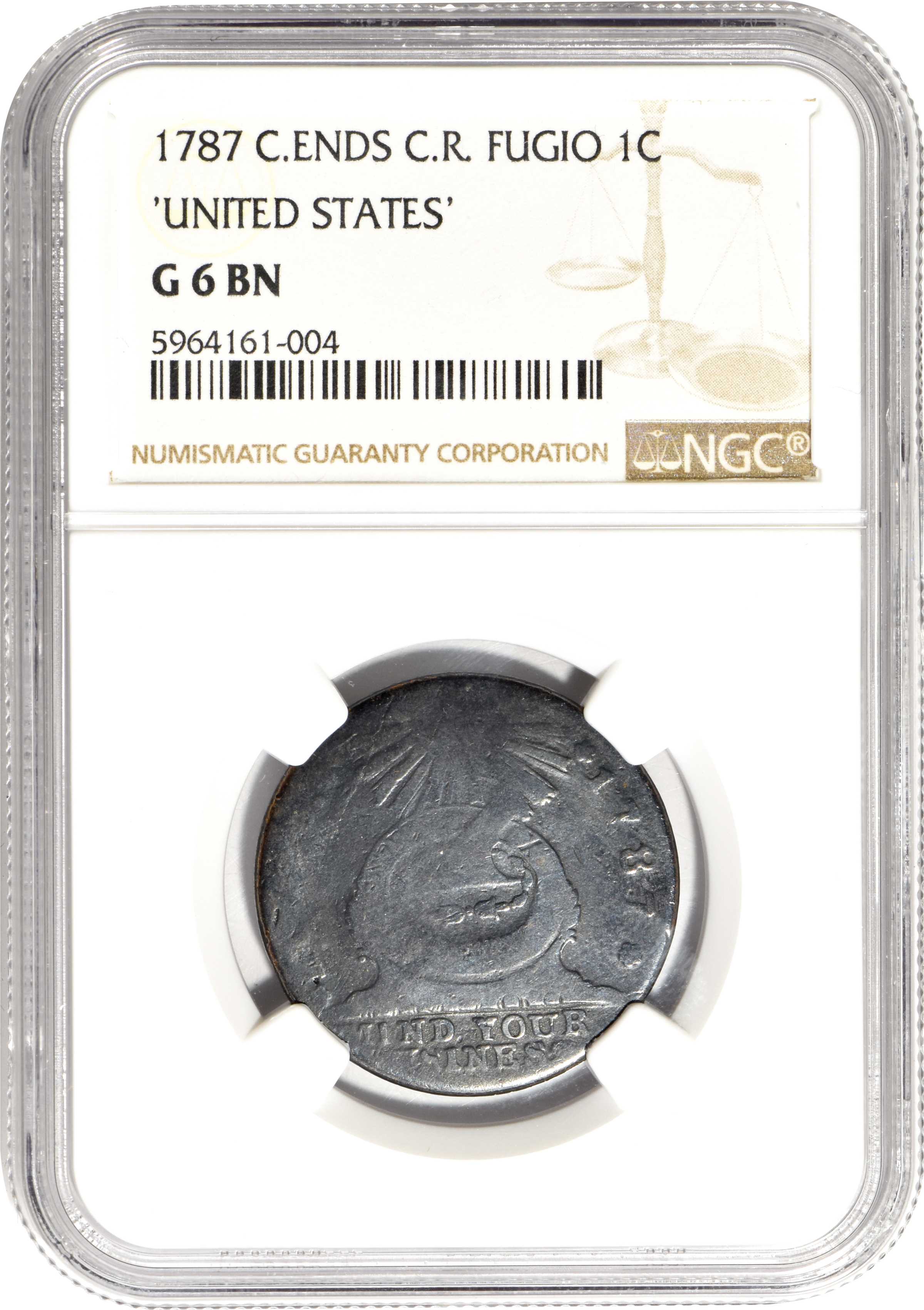 image for: 1787 Fugio Copper. Club Rays. Newman 2-C, W-6630. Rarity-6. Concave Ends, FUCIO, UNITED STATES. Good-6 BN (NGC).