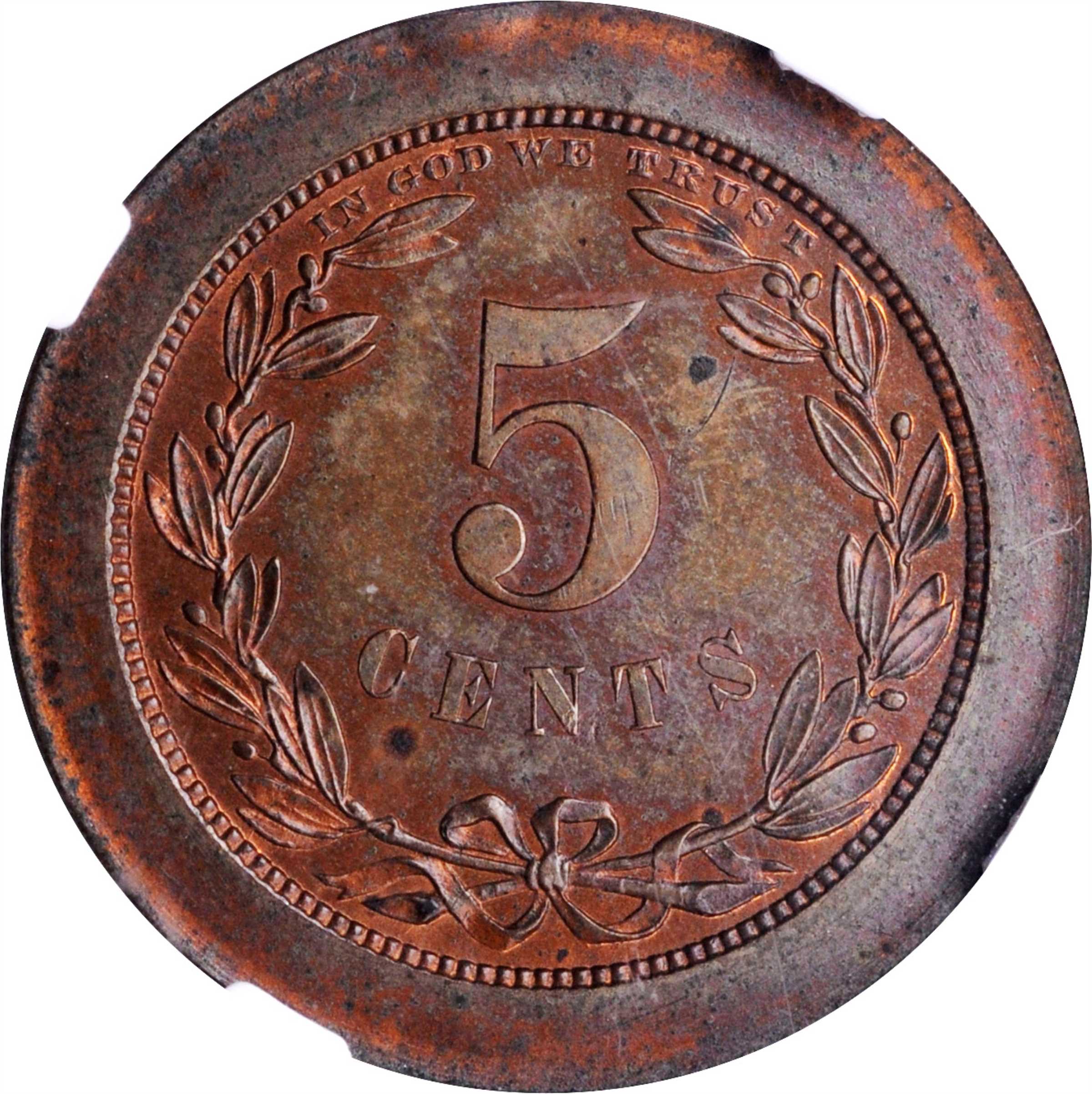 image for: 1868 Pattern Five Cents. Judd-627, Pollock-696. Rarity-7-. Copper. Plain Edge. Broad Planchet. Proof-63 BN (NGC). CAC.