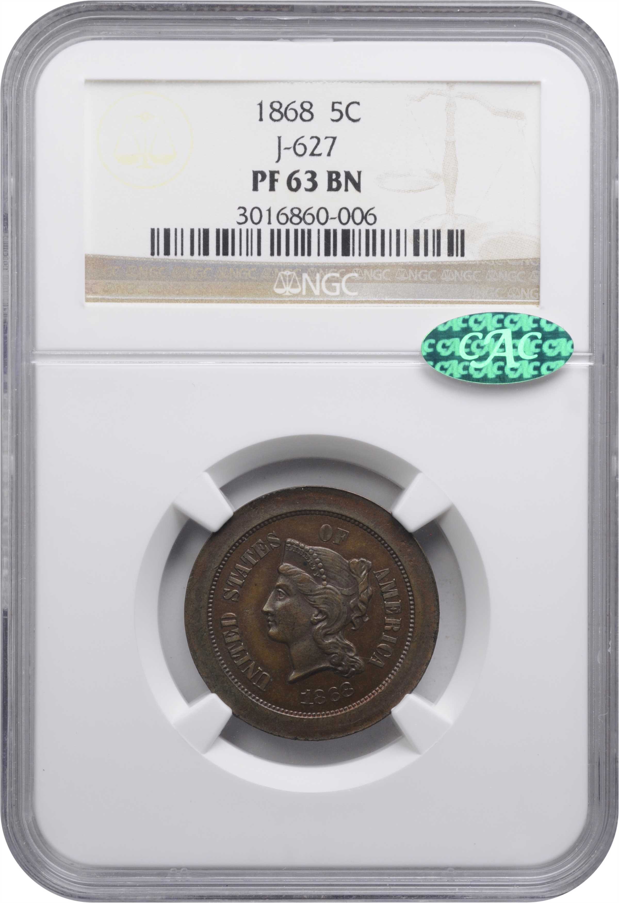 image for: 1868 Pattern Five Cents. Judd-627, Pollock-696. Rarity-7-. Copper. Plain Edge. Broad Planchet. Proof-63 BN (NGC). CAC.