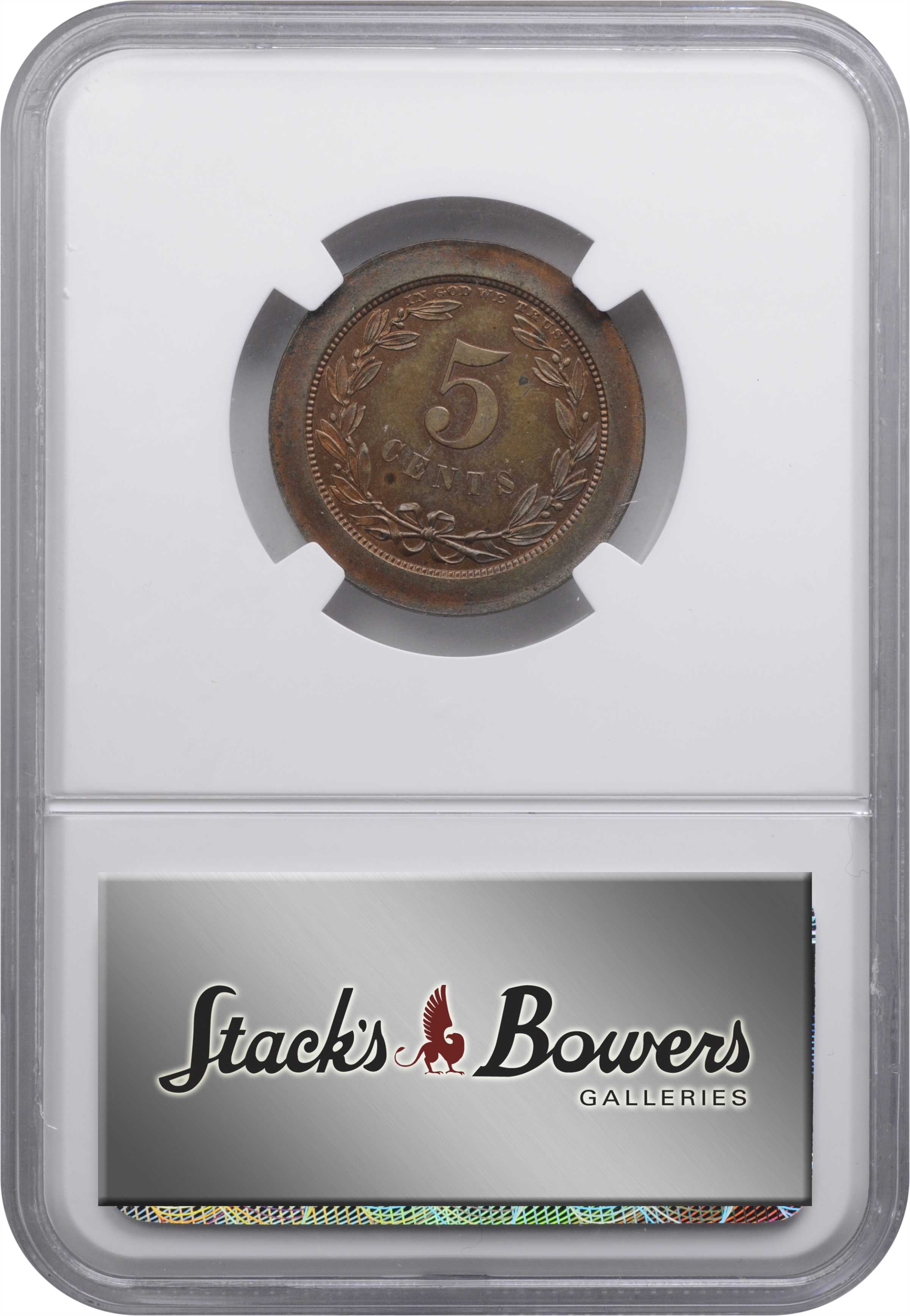 image for: 1868 Pattern Five Cents. Judd-627, Pollock-696. Rarity-7-. Copper. Plain Edge. Broad Planchet. Proof-63 BN (NGC). CAC.
