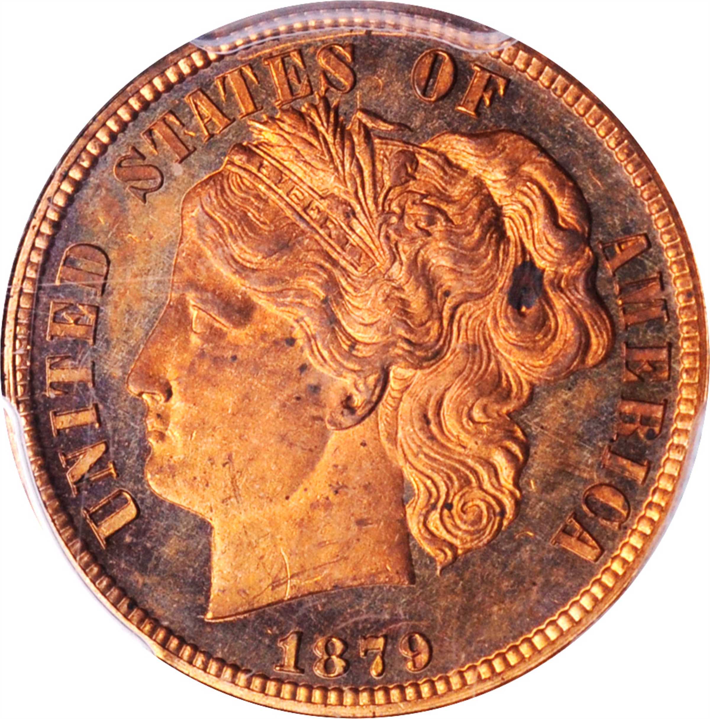 image for: 1879 Pattern Washlady Dime. Judd-1585, Pollock-1778. Rarity-6+. Copper. Reeded Edge. Proof-64 RB (PCGS).