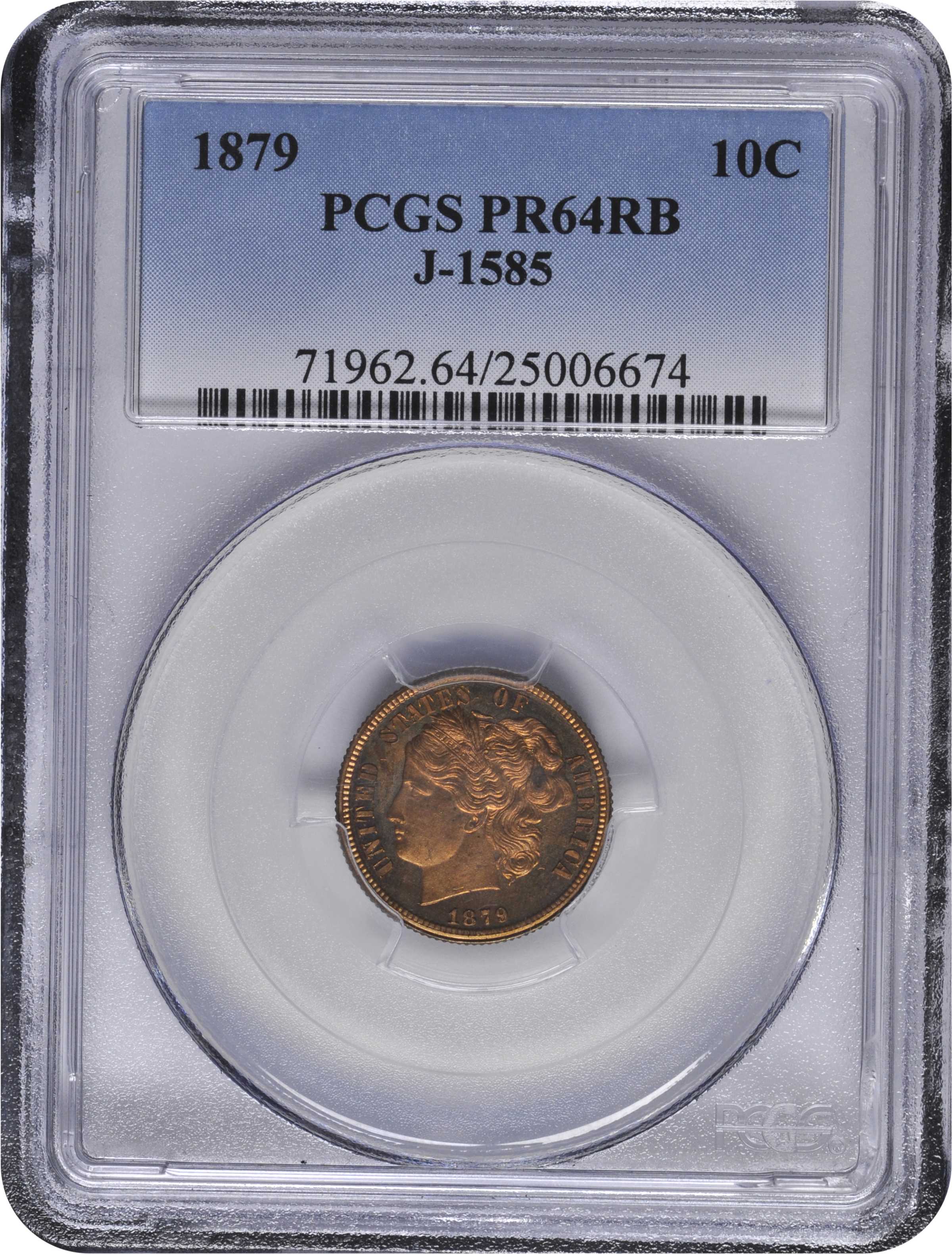 image for: 1879 Pattern Washlady Dime. Judd-1585, Pollock-1778. Rarity-6+. Copper. Reeded Edge. Proof-64 RB (PCGS).