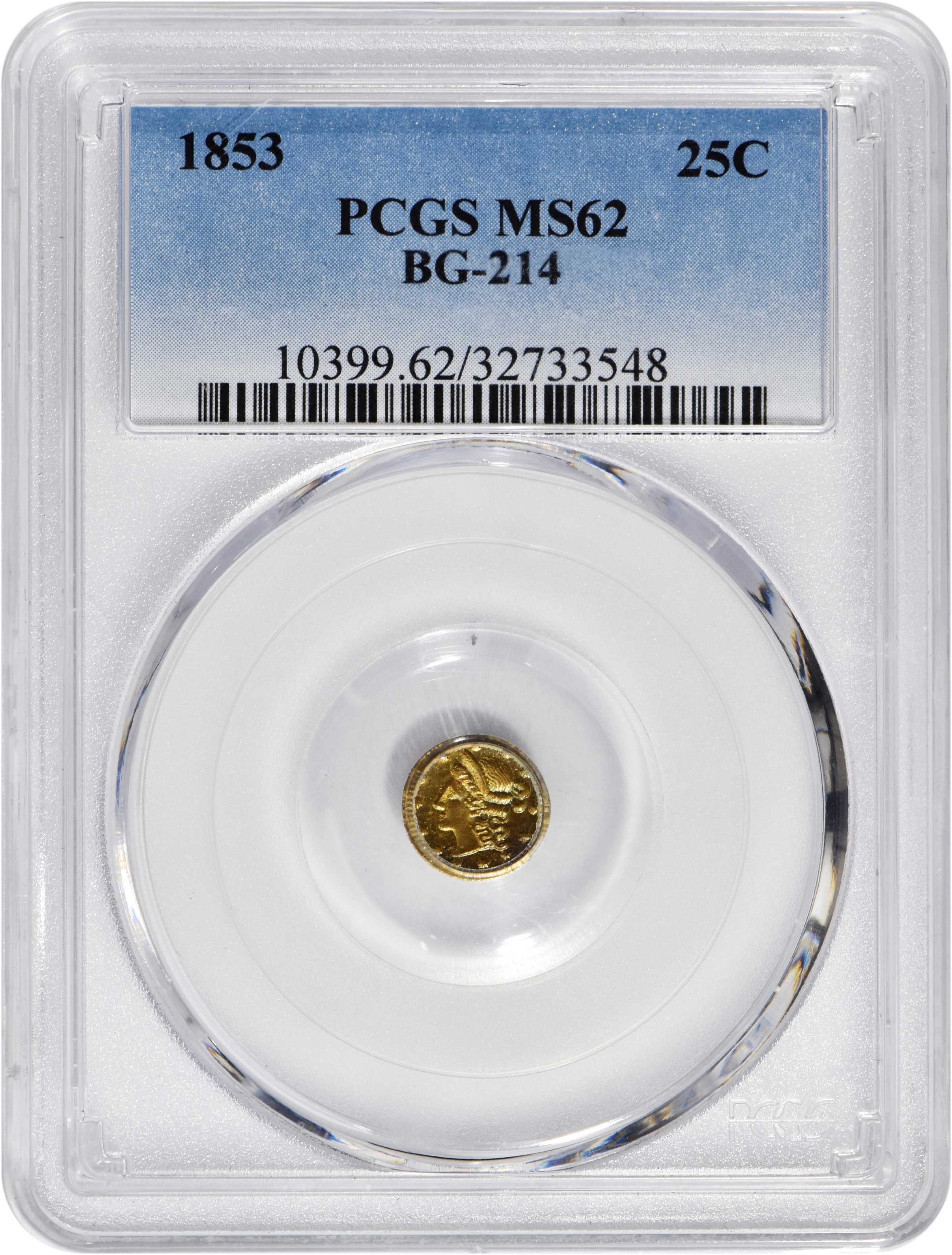 image for: 1853 Round 25 Cents. BG-214. Rarity-7-. Liberty Head. MS-62 (PCGS).