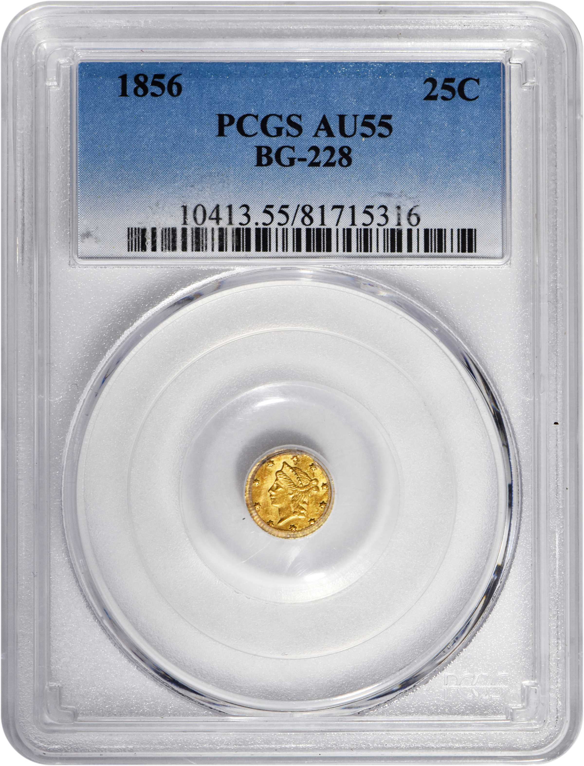 image for: 1856 Round 25 Cents. BG-228. Rarity-7. Liberty Head. AU-55 (PCGS).