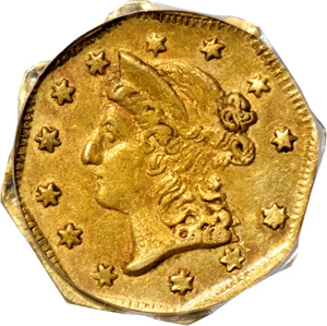 image for: 1854 Octagonal $1. BG-534. Rarity-6+. Liberty Head, "Humbert" Eagle Reverse. AU-55 (PCGS).