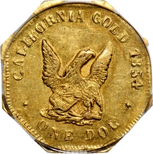 image for: 1854 Octagonal $1. BG-534. Rarity-6+. Liberty Head, "Humbert" Eagle Reverse. AU-55 (PCGS).
