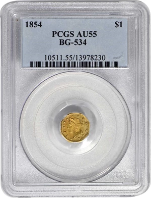 image for: 1854 Octagonal $1. BG-534. Rarity-6+. Liberty Head, "Humbert" Eagle Reverse. AU-55 (PCGS).