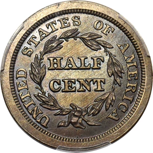 image for: 1846 Braided Hair Half Cent. Second Restrike. B-3. Rarity-6. Small Berries (Reverse of 1840). Proof-65 BN (PCGS). CAC.