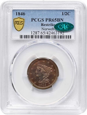 image for: 1846 Braided Hair Half Cent. Second Restrike. B-3. Rarity-6. Small Berries (Reverse of 1840). Proof-65 BN (PCGS). CAC.