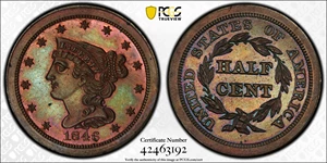 image for: 1846 Braided Hair Half Cent. Second Restrike. B-3. Rarity-6. Small Berries (Reverse of 1840). Proof-65 BN (PCGS). CAC.