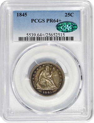 image for: 1845 Liberty Seated Quarter. Briggs 5-E. Repunched Date. Proof-64+ (PCGS). CAC.