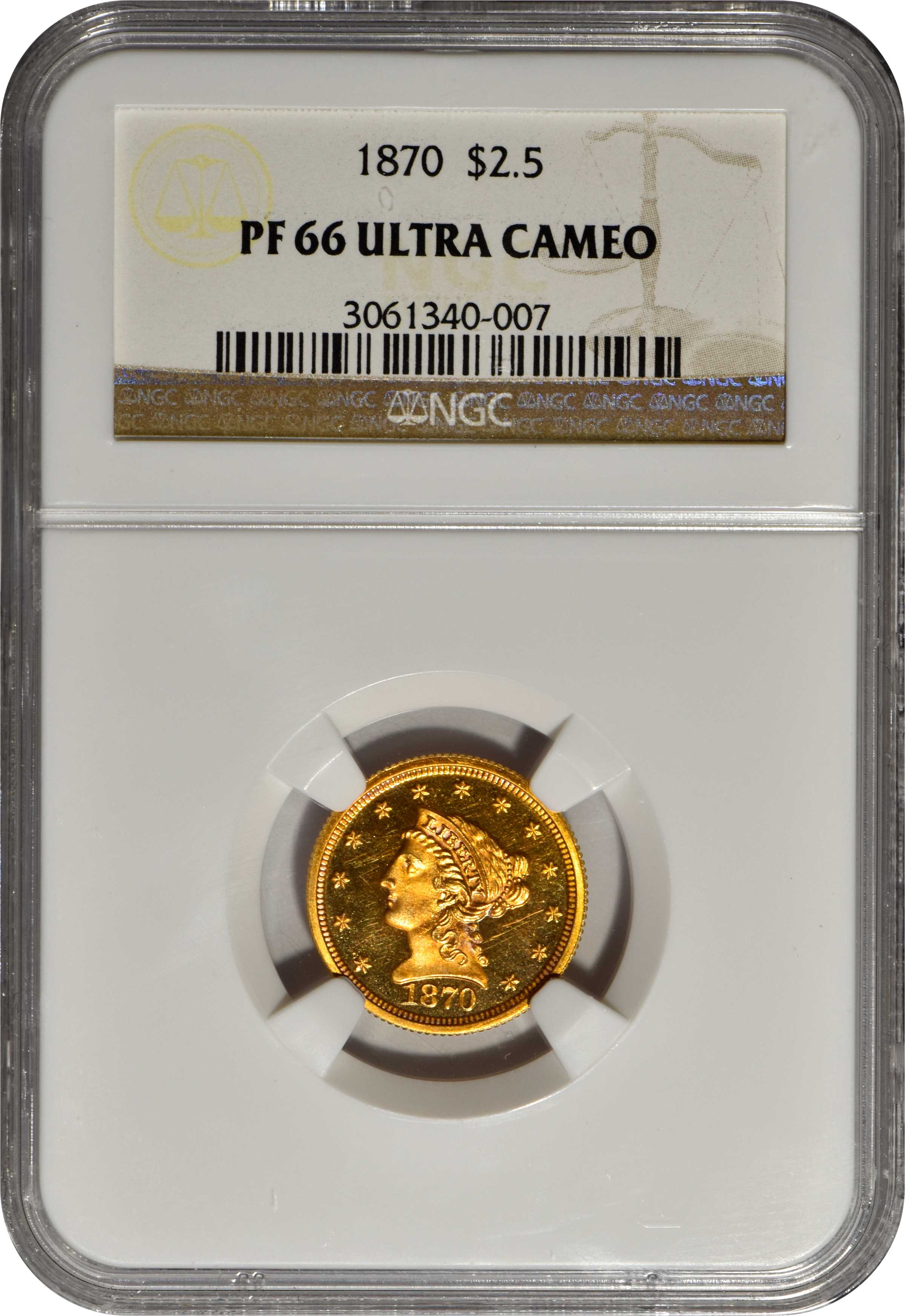 image for: 1870 Liberty Head Quarter Eagle. JD-1, the only known dies. Rarity-7-. Proof-66 Ultra Cameo (NGC).