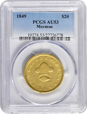 image for: 1849 Mormon $20. K-4. Rarity-6. AU-53 (PCGS).