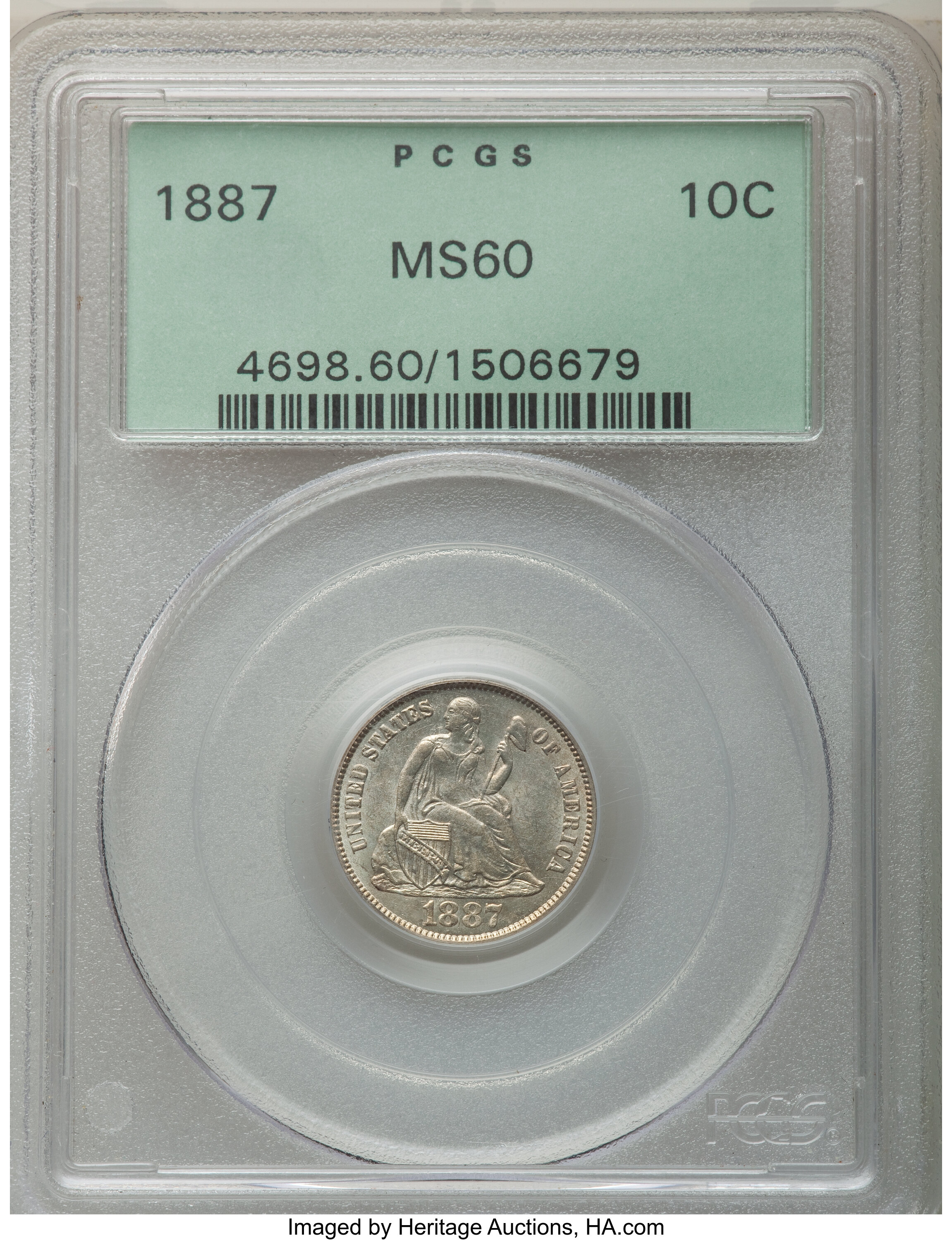 1887 10C MS60 PCGS. PCGS Population: (8/570). NGC Census: (1/506). CDN: $115 Whsle. Bid for NGC/PCGS MS60. Mintage 11,283,9...