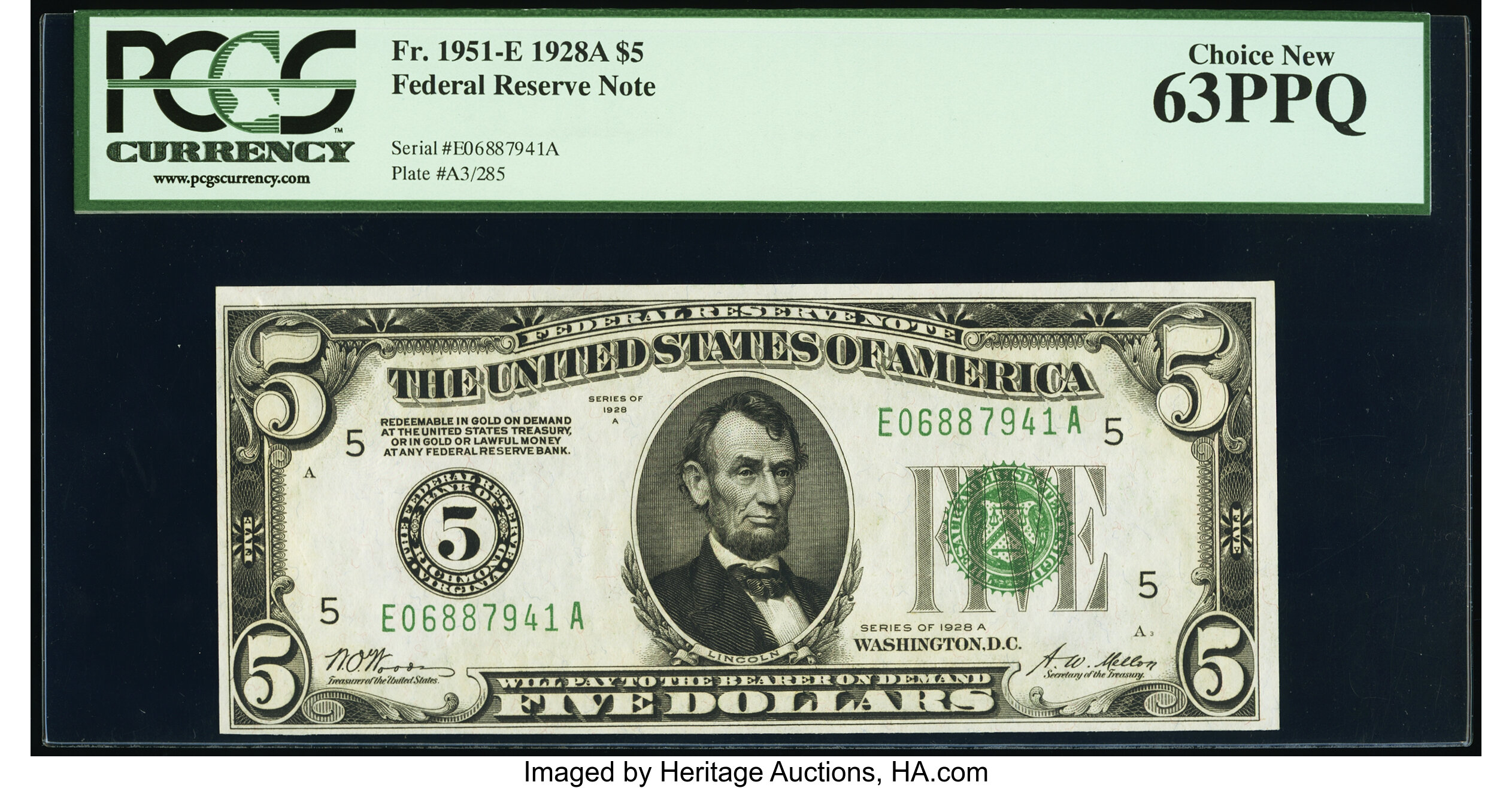 image for: Fr. 1951-E $5 1928A Federal Reserve Note. PCGS Choice New 63PPQ....