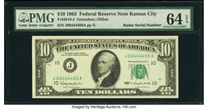 image for: Radar Serial Number 00444400 Fr. 2016-J $10 1963 Federal Reserve Note. PMG Choice Uncirculated 64 EPQ....
