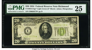 image for: Fr. 2054-E* $20 1934 Light Green Seal Federal Reserve Star Note. PMG Very Fine 25....
