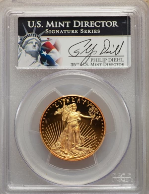 image for: 2011-W $25 Half-Ounce Gold Eagle, Philip Diehl Signature Series, PR70 Deep Cameo PCGS. PCGS Population: (523). NGC Census: ...
