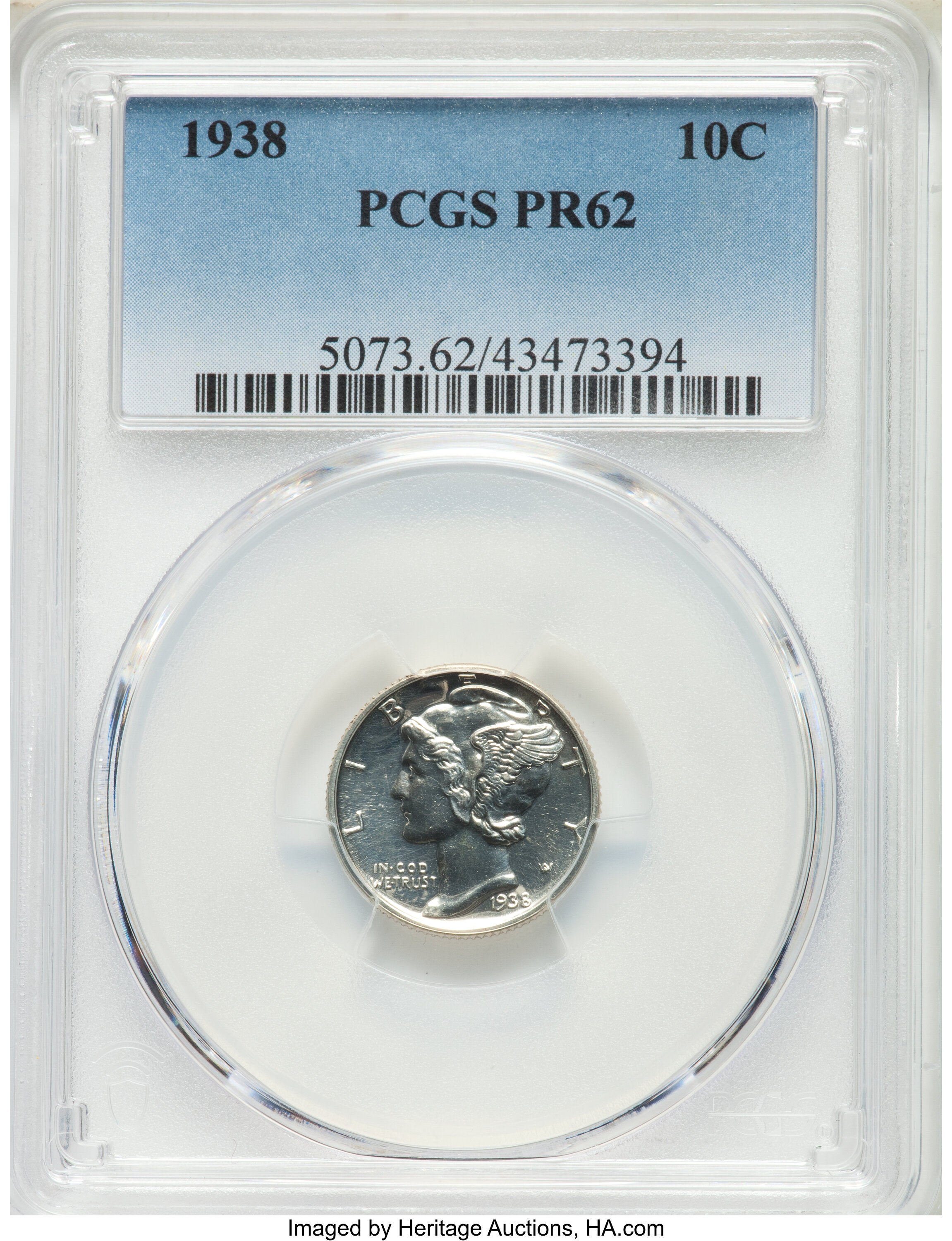 1938 10C PR62 PCGS. PCGS Population: (46/2822). NGC Census: (26/1907). CDN: $135 Whsle. Bid for NGC/PCGS PR62. Mintage 8,72...