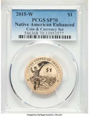 image for: 2015-W $1 Native American Enhanced Coin & Currency Set SP70 PCGS. PCGS Population: (582). NGC Census: (0)....