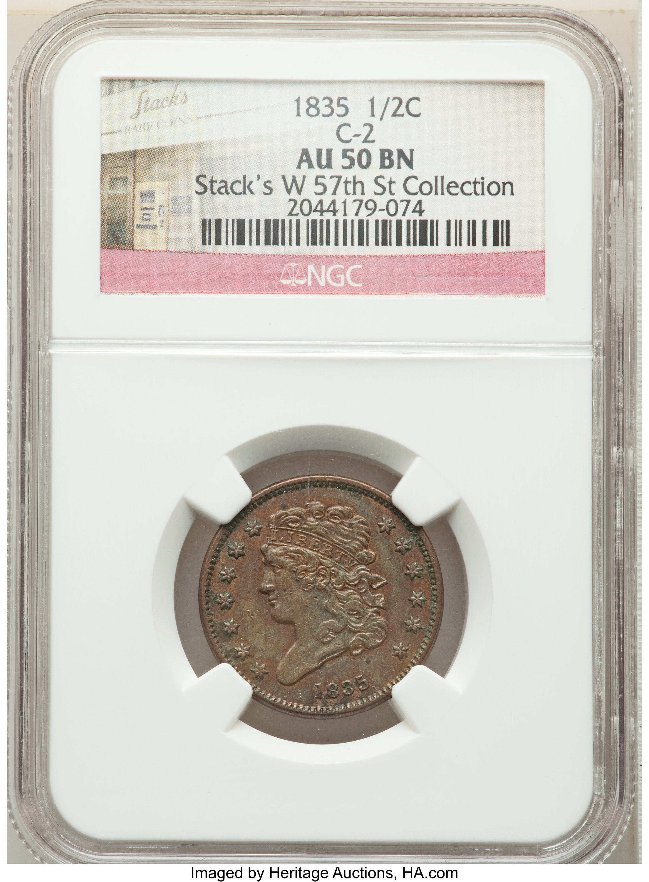 image for: 1835 1/2 C C-2, B-2, R.1, AU50 NGC. Ex: Stack's W 57th St Collection. NGC Census: (2/31). PCGS Population: (0/18). CDN: $17...