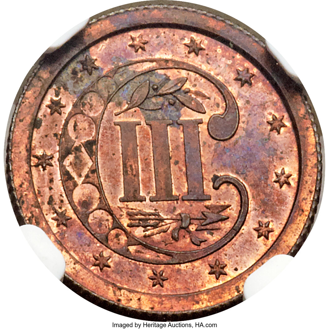 image for: 1870 3C Three Cent Silver, Judd-799, Pollock-886, Low R.7, PR63 Red and Brown NGC....