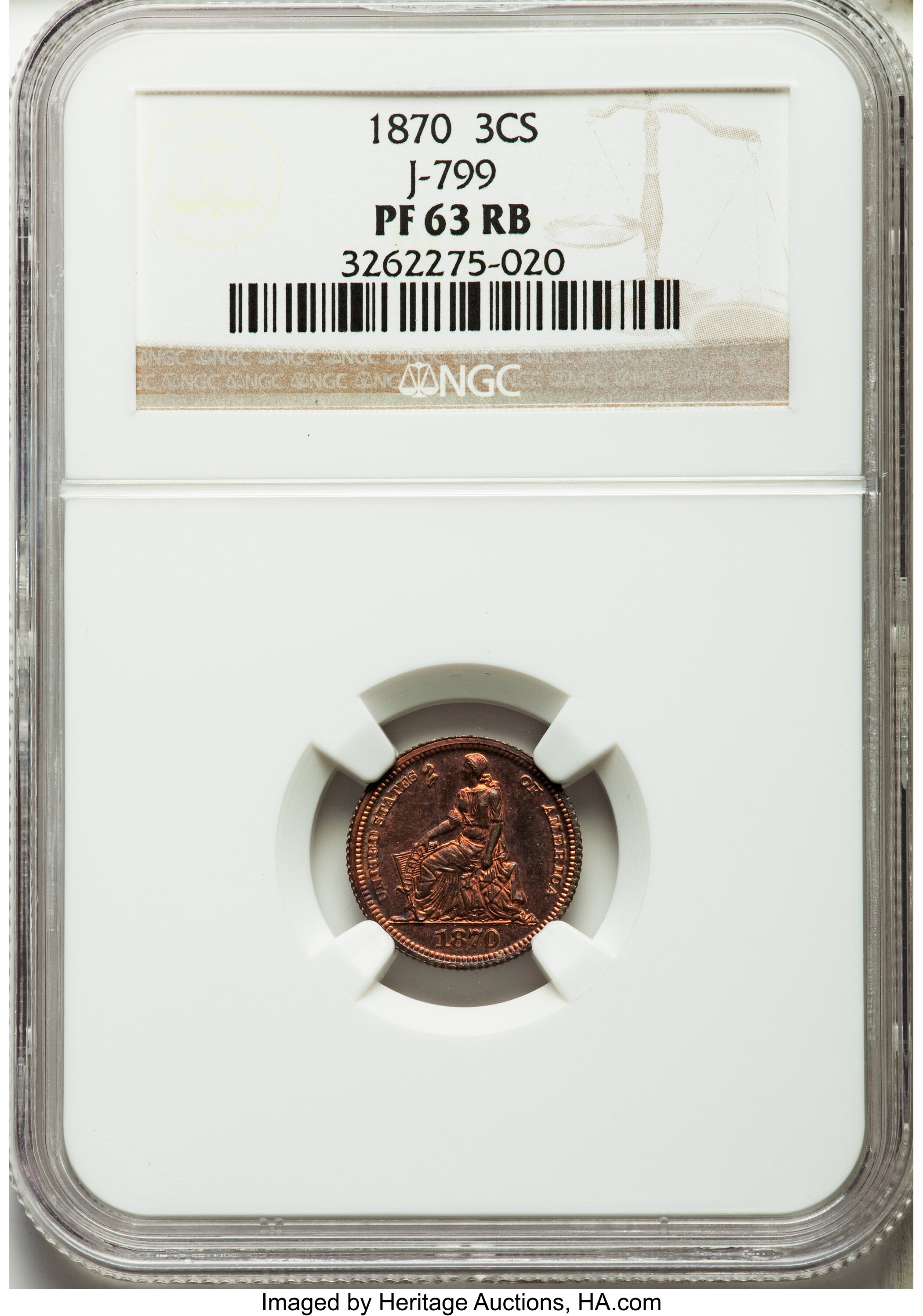 image for: 1870 3C Three Cent Silver, Judd-799, Pollock-886, Low R.7, PR63 Red and Brown NGC....