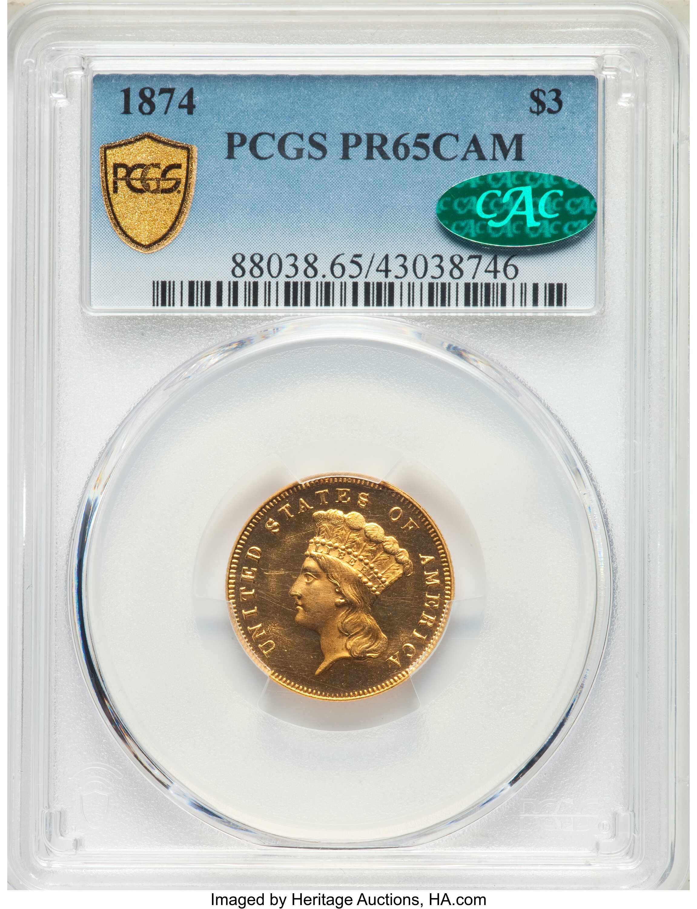 image for: 1874 $3 PR65 Cameo PCGS. CAC. JD-1, High R.6....