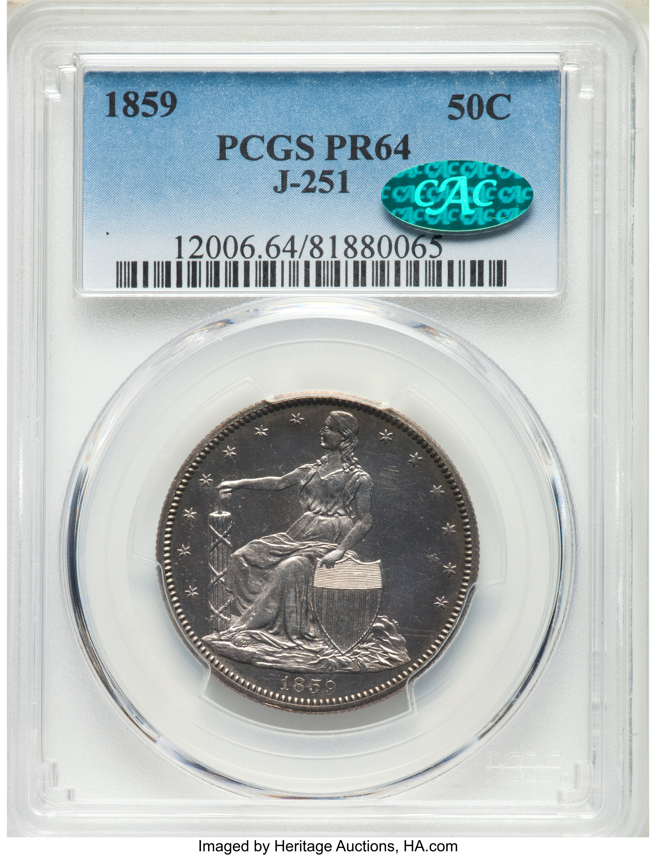 image for: 1859 P50C Half Dollar, Judd-251, Pollock-290, High R.7, PR64 PCGS. CAC....