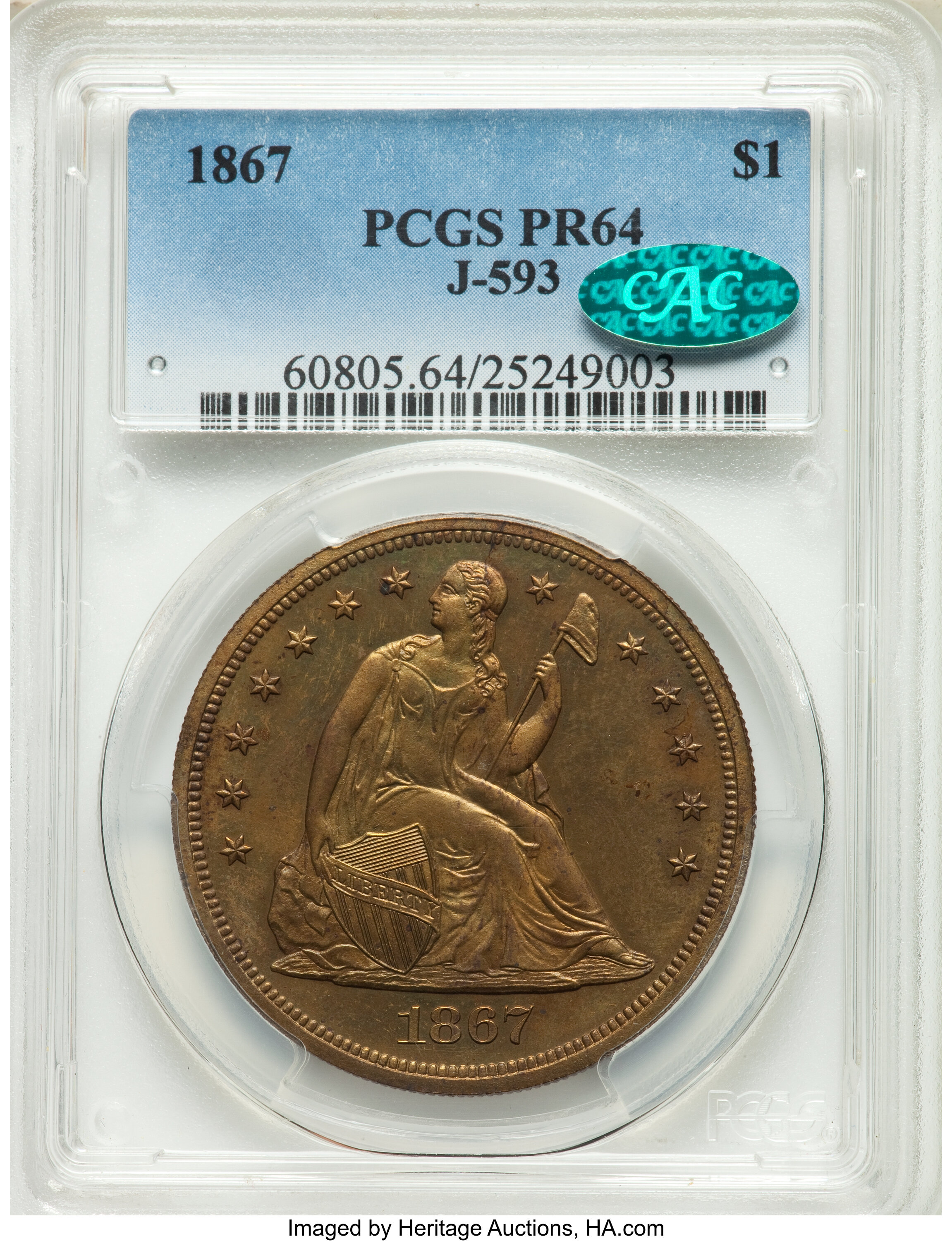 image for: 1867 $1 Seated Dollar, Judd-593, Pollock-657, High R.7, PR64 PCGS. CAC....