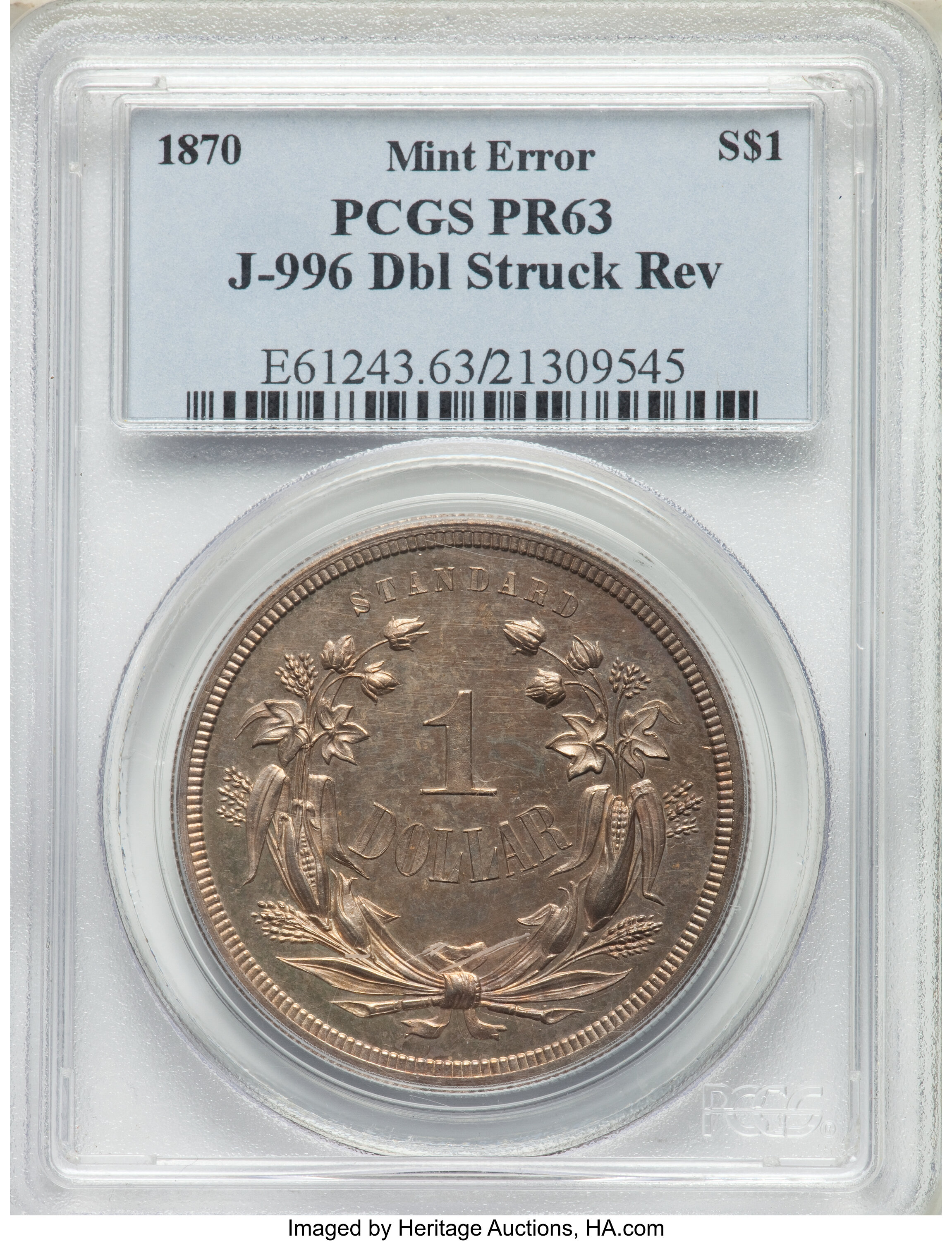 image for: 1870 $1 Standard Silver Dollar, Judd-996, Pollock-1127, High R.7 -- Double Struck Reverse -- PR63 PCGS....