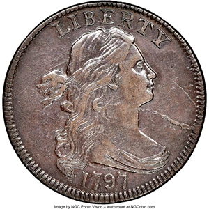 image for: 1797 1C Reverse of 1797, Stems, S-126, B-16, R.3, XF40 NGC. NGC Census: (2/4). PCGS Population: (0/7). CDN: $2,000 Whsle. B...
