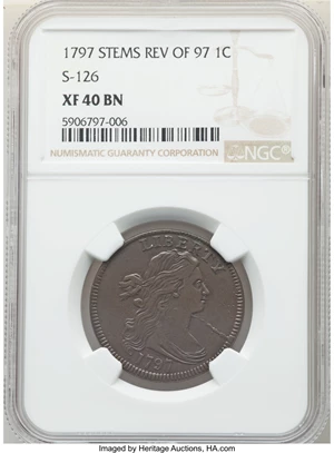 image for: 1797 1C Reverse of 1797, Stems, S-126, B-16, R.3, XF40 NGC. NGC Census: (2/4). PCGS Population: (0/7). CDN: $2,000 Whsle. B...