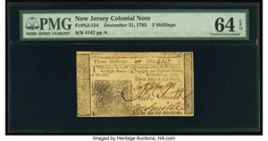 image for: New Jersey December 31, 1763 3s PMG Choice Uncirculated 64 EPQ....